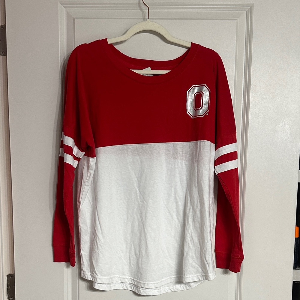 Red and White Long Sleeve Ohio State Shirt with Logo